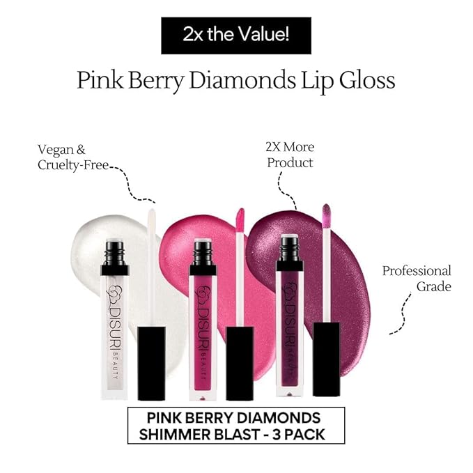 Pack of 3 Shimmer Lip Gloss for Girls & Women - Lip Glosses 2.1 FL Oz Total (0.7 FL Oz Each) - High Shine Lip Gloss - Cruelty Free - (Clear Diamonds, Pink Candy, Berry Kiss)