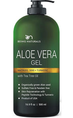 Aloe vera Gel - from 100% Pure Organic Aloe Infused with Matrixyl 3000 (Peptides), Turmeric - Natural Raw Moisturizer for Face, Body, Hair. Perfect for Sunburn, Acne, Razor Bumps 16.9 fl oz