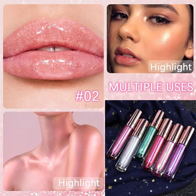 GECOMO Colorful Explosive Pearlescent Lip Gloss 3D Multifunctional Fine Glitter Chameleon Lip Gloss Polarized Diamond Makeup, Magic Big Brush Color Changing Lip Oil(102# GOLD GLITTER)