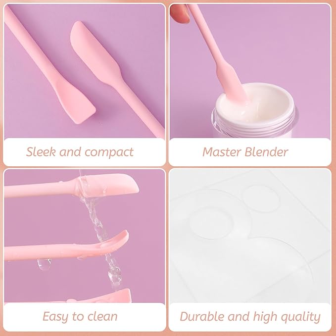 Makeup Mixing Palette Spatula Set, 2PCS Mini Acrylic Makeup Palette & 2PCS Silicone Skincare Spatula, Cream Foundation Palette for Mixing and Save Cosmetics (Pink,Square+Heart)