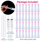 AMORIX 50PCS Lip Gloss Tubes Empty 10ml Pink Cap Lip Gloss Containers Lip Balm Tubes Cute Squeeze Tubes Lipgloss Making Supplies + 2 x 20ml Syringes Tag Labels for Lip Gloss Base