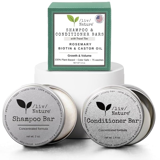 Shampoo Bar and Conditioner with Travel Tins | Rosemary, Biotin, Castor Oil | Growth, Volume, Thickening | For Thinning Hair | USA 2-pk