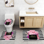 4PCS Gold Glitter Hello Gorgeous Shower Curtain Set, Watercolor Pink Floral Black and White Striped Perfume Makeup Modern Fashion Women Bathroom Decor, Non-Slip Bath Mat Toilet Rug, Hibiscus