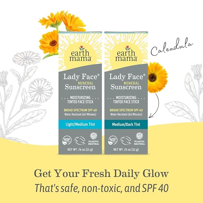 Earth Mama Lady Face® Tinted Mineral Sunscreen Stick SPF 40 Set |Contains Certified Organic Shea and Coca Butter | Foundation + Concealer + Contour, Blends with Most Skin Tones, 2-Pack