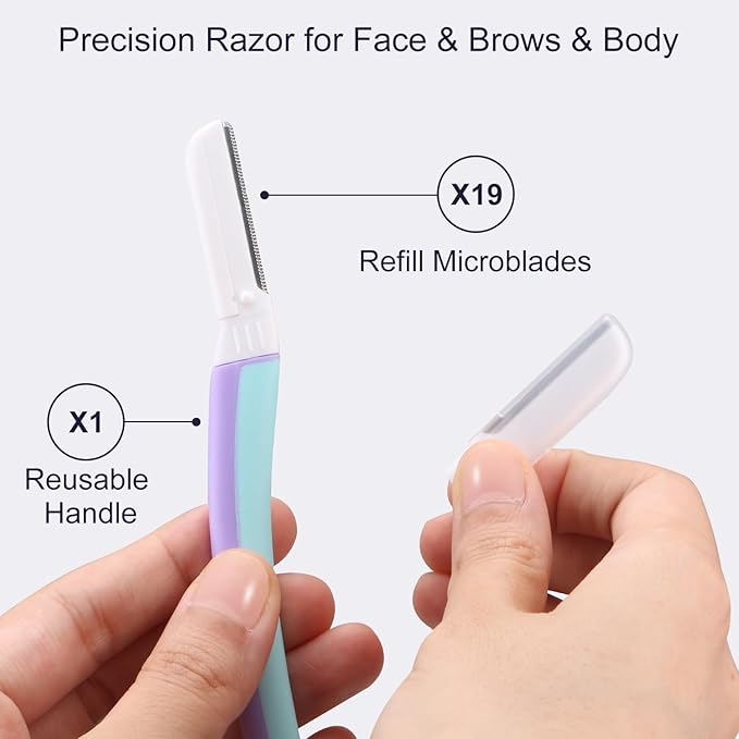 Face Razors for Women, Reusable Handle with 19 Microblades, Dermaplane Razor for Women Face, Eyebrow & Facial Razors, Peach Fuzz Remover, Gentle Exfoliating, for Sensitive Skin (Wisteria)