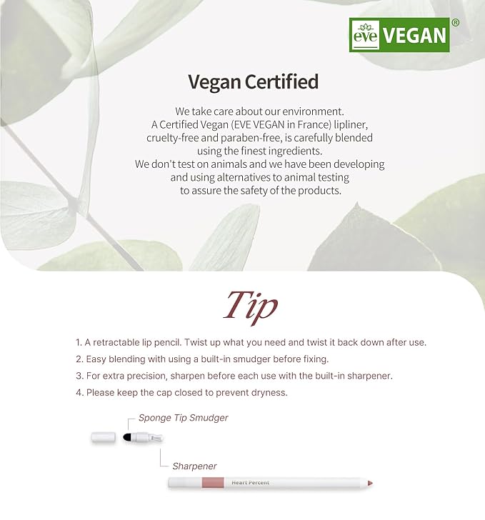 Heart Percent Dote On Mood Lip Pencil Slim, Defines and Fills Creamy Lip Liner Retractable Lipstick Pencil with Built-In Sharpener, #02. Creamy Pink