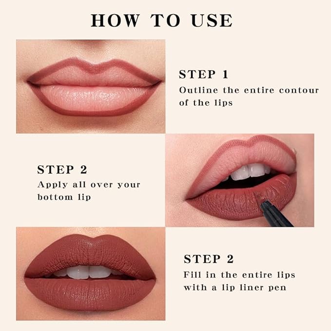 Longwear Liquid Lip Liner, Matte Lip Tint Stain Marker Pen, 2 in1 Liquid Lipstick & Lip Liner Pencil, Long Lasting Waterproof Lip gloss for Women, Fuller Lips Makeup (01+02)