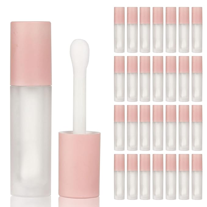 COSIDEA 24 pcs 5ml empty big brush lip gloss tube with stopper (Frosted bottle, Pink cap)