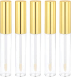 5 Pcs Empty Lip Gloss Tubes, Clear Plastic Gloss Container with Wand Refillable Lip Balm Bottle 10ml Lip Gloss Container for Lipstick Samples, Lip Balms(Gold Tube Cap)