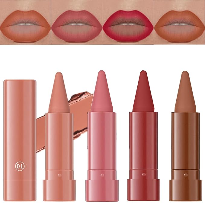 Jolilab 4PCS Lip Liner Lipstick Set, Gradient Matte Nude Velvet Lip Liner Pencil High Pigmented Long Lasting Natural Smooth Lip Makeup Easy-to-Use Crayon Form and Cone Tip