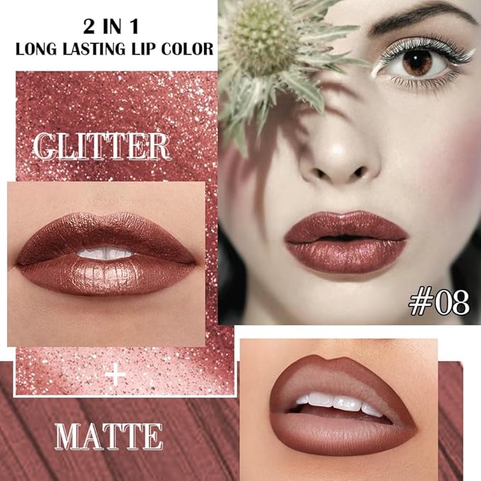 evpct Brown Bronze Metallic Glitter Lip Liner and Lipstick Combo Lip Gloss Stain Set Makeup for Women Long Lasting Waterproof 24, Hot Chocolate Metallic Shimmer Frosted Iridescent Liquid Lipstick 08