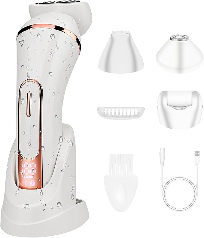 Electric Shavers for Women, 4 in 1 Hair Removal Kit with Epilator Bikini Trimmer Face Razor Body Brush Face Massager Foot Callus Remover, IPX7 Waterproof Lady Razors Set for Legs Armpit Bikini Pubic