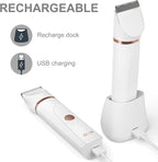 OLOV Electric Body Hair Trimmer - Groin Trimmer for Men - Bikini Trimmer Women - Wet/Dry Shaver Groomer, Replaceable Ceramic Blade Heads, USB Recharge Dock, Waterproof Hygiene Razor, White