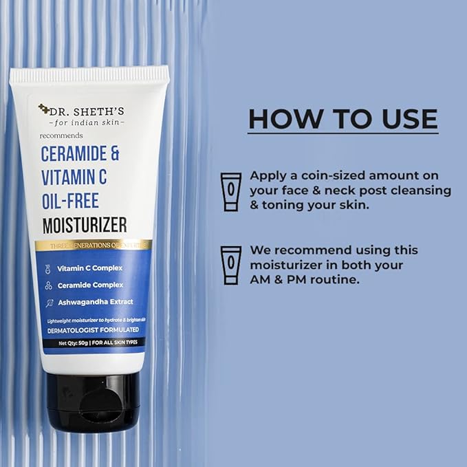 Dr. Sheth's Ceramide & Vitamin C Oil-Free Face Moisturizer | Enhances Glow & Strengthens Skin Barrier | Deeply Hydrates | Lightweight for All Skin Types | 1.76 Oz/50 g