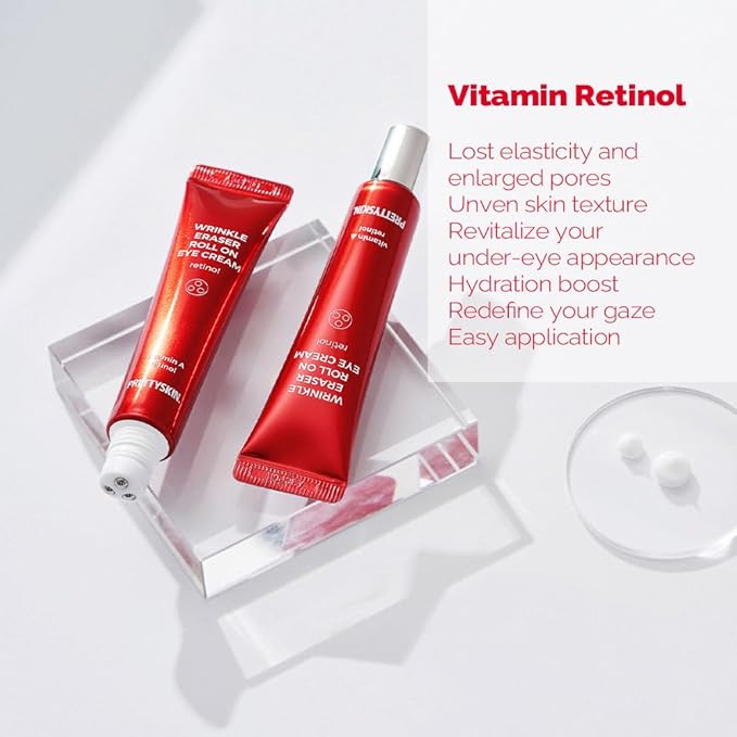 PS.PRETTYSKIN Roll On Eye Cream 30ml/1.01fl.oz. with Vitamin A and Stainless Steel ball Tip for Wrinkle Eraser and Elasticity (Retinol x 2CT)