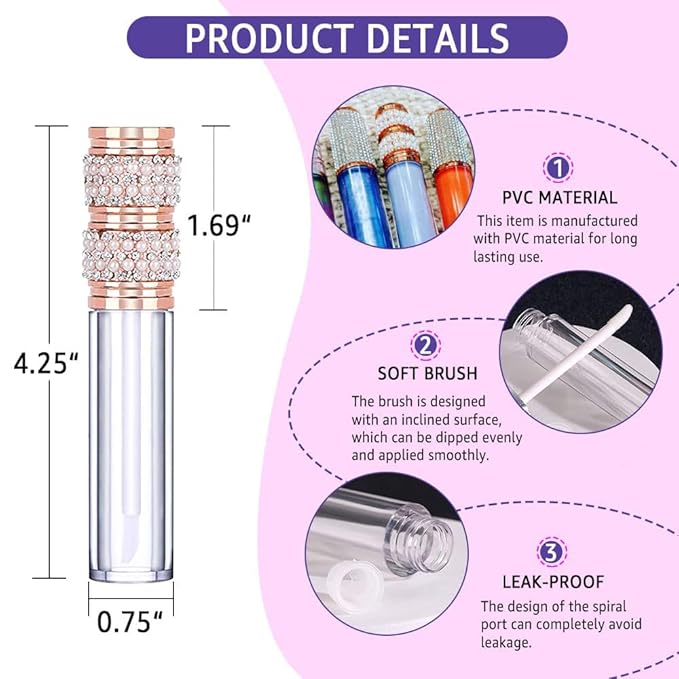 AMORIX 6pcs Lip Gloss Tubes with Wand 5ml Empty LipGloss Containers Pearl Diamond Lipgloss Bottles Crystal Lip Gloss Supplies Kit with 2pcs Syringe