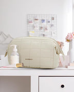 BAGSMART Makeup Bag Cosmetic Bag Wide Open, Beige, M, Wide-open Travel Makeup Bag With Puffy Padded and Rectangular Quilted