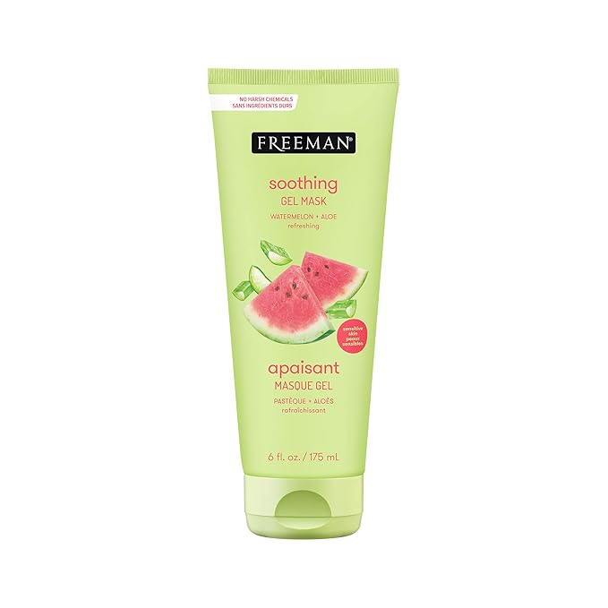 Freeman Soothing Watermelon & Aloe Gel Facial Mask, Hydrates, Nourishes, & Soothes Irritated Skin, Cooling, Calming Gel Face Mask, For Sensitive & Break-Out Prone Skin, 6 fl.oz. Tube, 1 Count