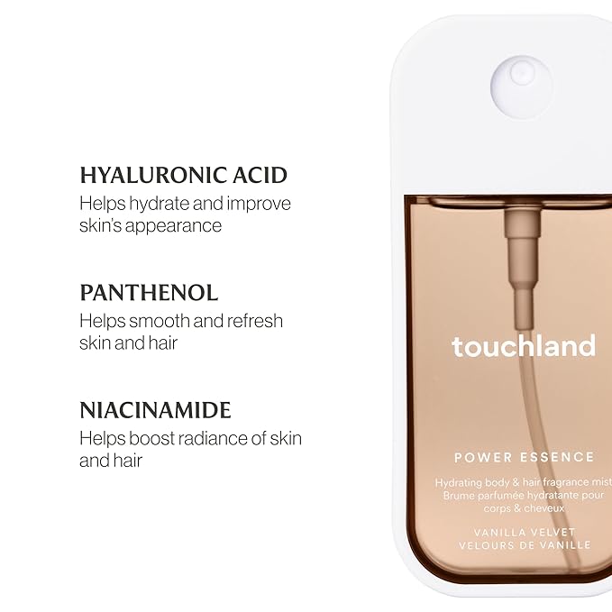 Touchland Power Essence Hydrating Body & Hair Fragrance, Vanilla Velvet, 2 FL. OZ. Travel Size Body Mist