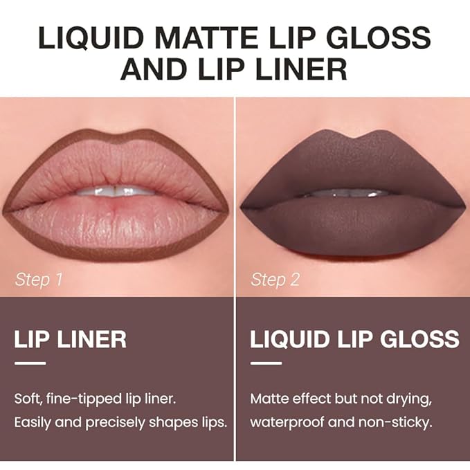 evpct Retractable 1Pcs Lip Liner Pencils and 1 Pcs Lip Gloss Makeup Set for Shaping & Sculpting Lips, Brown Long-Lasting Waterproof Longwear Matte Rich Lip Colors Liner Crayon Liquid Lipstick 05#