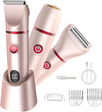 Bikini Trimmer for Women- 3 in 1 Painless Electric Razors for Women,Waterproof Pubic Hair Trimmer and Facial Hair Remover,LCD Display Body Shaver for Trip,Rechargeable Women's Grooming Kit