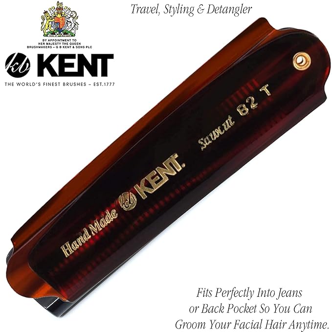 Kent 82T Handmade Folding Pocket Comb for Men, Fine Tooth Hair Comb Straightener for Everyday Grooming Styling Hair, Beard or Mustache, Use Dry or with Balms, Saw Cut Hand Polished, Made in England