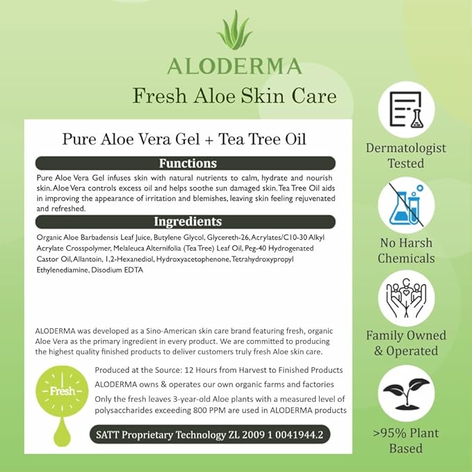 Aloderma Organic Aloe Vera Gel for Skin + Tea Tree Oil, Made within 12 Hours of Harvest, Soothing Pure Aloe Vera Gel for Face, Works Great for Oily Skin, Scalp, Aftershave, Natural Aloe - 10.6 Oz