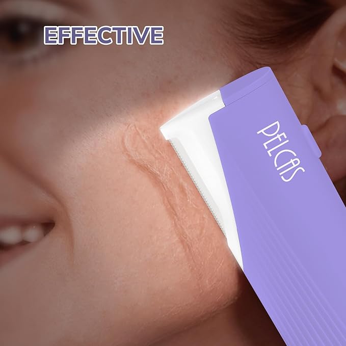 PELCAS Electric Dermaplaning Tool for Women Face with LED Light 3 Speeds Mini Dermaplaning Razor with 6 Blades, 2 in 1 Facial Peach Fuzz Hair & Exfoliation Removal System At Home BV18-712 Light Purple