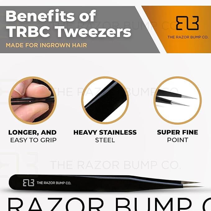 Tweezers For Ingrown Hair By The Razor Bump Co. | Sharp, Stainless Steel, Surgical | Professional Tweezers For Women and Men | Precision Splinter Remover | Best Facial Hair and Eyebrow Trimmer | Black