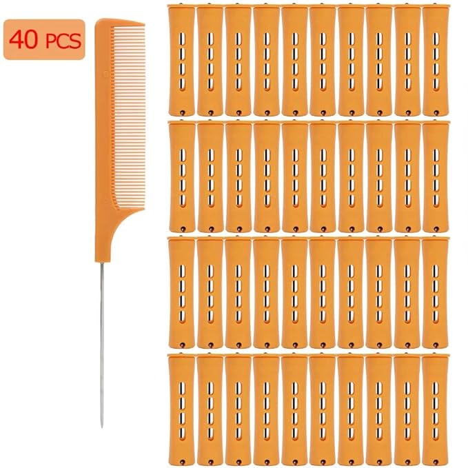 40pcs Cold Wave Perm Rods Set for Women's Long & Short Natural Hair - Plastic Orange Rollers for Curling and DIY Hairdressing