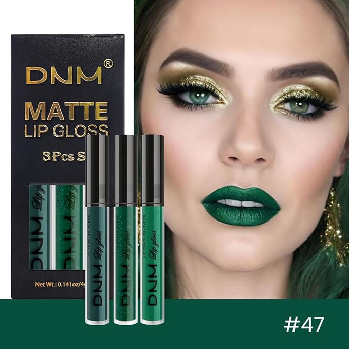 evpct 3Pcs Dark Deep Forest Green Shimmer Matte Liquid Lipstick Lip Stain Sets for Women Matte+Lipstick Long Lasting Waterproof Permanent 24 Hours Magic Lipstick 24 Hours original, Set23