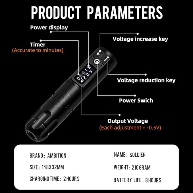Ambition Soldier Rotary Battery Pen with Extra Battery Tattoo Cartridge Machine 2400mAh Wireless Power Japan Coreless Motor Digital LED Display Tattoo Equipment Supply for Professional Tattoo Artists