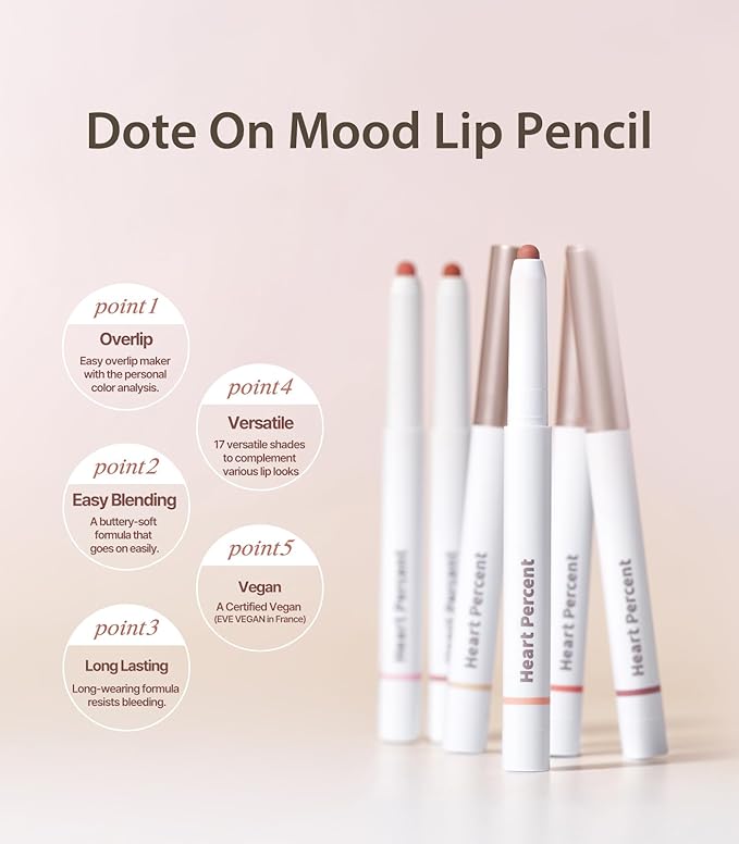 Heart Percent Dote On Mood Lip Pencil, Long-Lasting Creamy Lip Crayon Smooth Color Liner Retractable Lipstick Pencil 0.8g, #06. Rose Beige