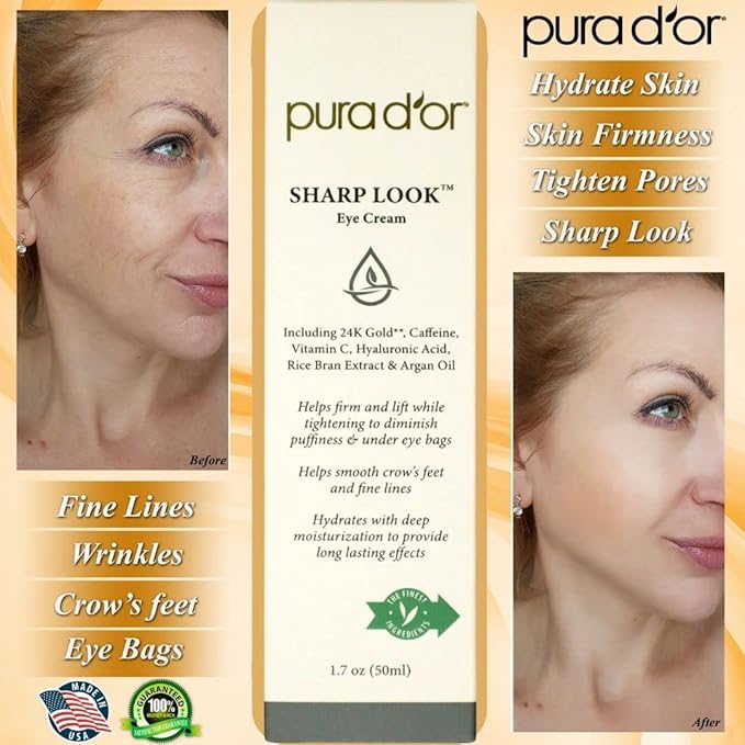 PURA D'OR Sharp Look Eye Cream (1.7oz) Youth-Enhancing Eye Cream For Firm Lift and Reduced Appearance of Wrinkles and Fine Lines, Puffiness and Under Eye Bags With 24K Gold