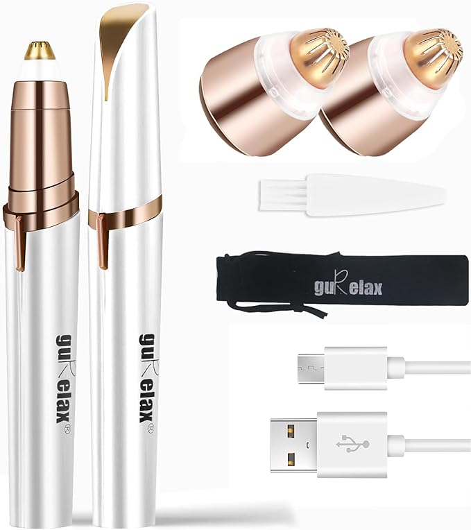 gurelax Eyebrow Hair Remover, Electric Eyebrow Trimmer for Women,Face and Eye Epilator with LED Light for Women Rechargeable with 2 x Replacement Heads (White)