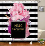 4PCS Gold Glitter Hello Gorgeous Shower Curtain Set, Watercolor Pink Floral Black and White Striped Perfume Makeup Modern Fashion Women Bathroom Decor, Non-Slip Bath Mat Toilet Rug, Hibiscus