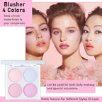Face Blushes Quads, Matte Blush Makeup Palette, Light Pink Lavender Dark Pink and Mauve Cream Blushes Palette, Makeup for Older Women, Natural Pigmented Paleta de rubor 4 colores