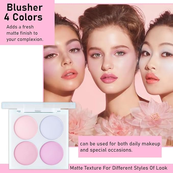 Face Blushes Quads, Matte Blush Makeup Palette, Light Pink Lavender Dark Pink and Mauve Cream Blushes Palette, Makeup for Older Women, Natural Pigmented Paleta de rubor 4 colores