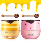 2PCS Bee Lip Balm Honey & Strawberry Lip Balm, Exfoliating Honey Pot Lip Balm Sleeping Lip Mask with Brush, Hydrating & Prevention Dry and Cracked, Lip Scrubs Exfoliator & Moisturizer
