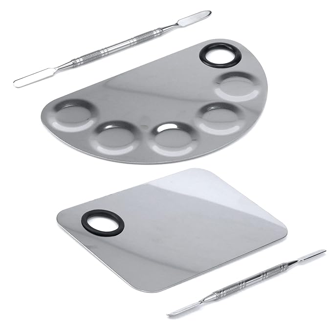 Stainless Steel Professional Beauty Palette,Large Square and Half Moon Color Palette，Silver，with Color Stick,1 SET