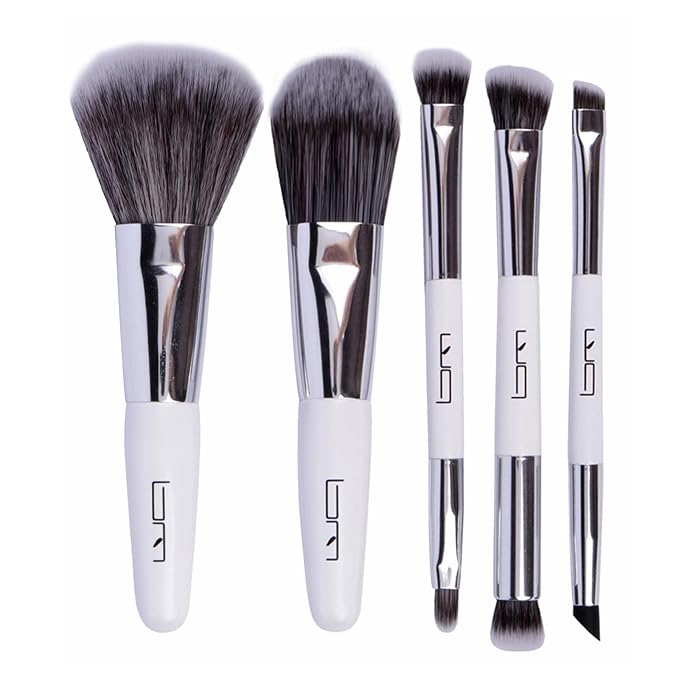 Travel Makeup Brushes Set w/Pouch, 5PCS Double Ended Portable Mini Cosmetic Brushes Kit for Foundation, Eyeshadow, Lip, Blush Make Up Brushes Professional(White)