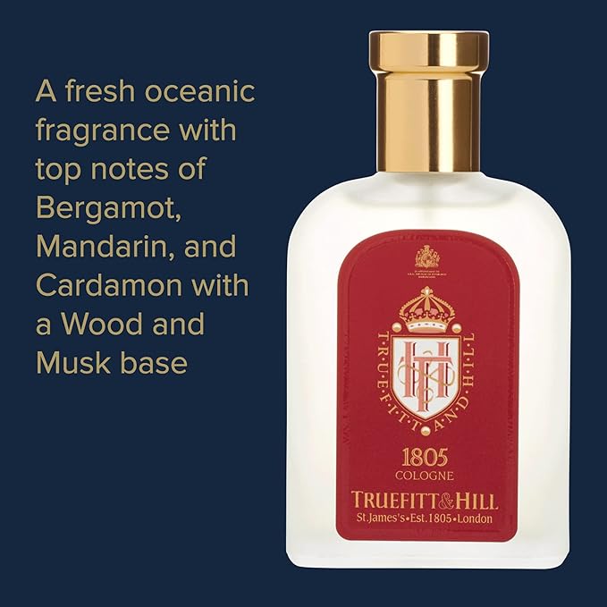 Truefitt & Hill Luxury Cologne - 1805 - Premium Long-Lasting Oceanic Men's Fragrance Presented in a Beautifully Etched Traditional Atomizer Bottle - 3.38 oz.