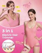 Bikini Trimmer for Women, Dovety 3 in 1 Painless Electric Razors for Women, Rechargeable Pubic Hair Trimmer Electric Shaver for Legs Body Facial Hair, IPX7 Waterproof, Ceramic Blade, USB Charge Dock
