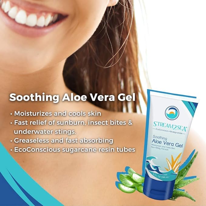 STREAM 2 SEA Soothing Aloe Vera Gel, Reef Safe Paraben Free All Natural Underwater Sting and Sunburn Relief, After Sun Care for Face and Body Easy to Absorb Hydration Moisturizing Formula, 6 Fl oz