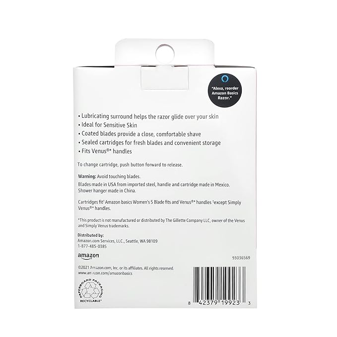 Amazon Basics Women's 5 Blade FITS Razor for Women, FITS Amazon Basics Handle and Venus Handles, Includes 1 FITS Handle, 12 Cartridges & 1 Shower Hanger