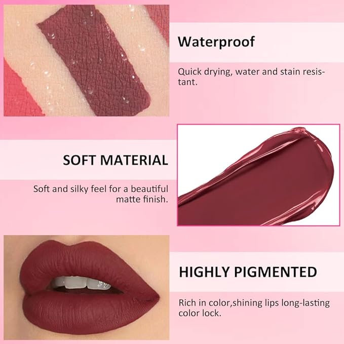 Matte Liquid Lipstick,Dark Red Liquid Lip Stains, Long Lasting Waterproof Lip Gloss Makeup, Velvet Non-Stick Cup Lips Stain X-06#