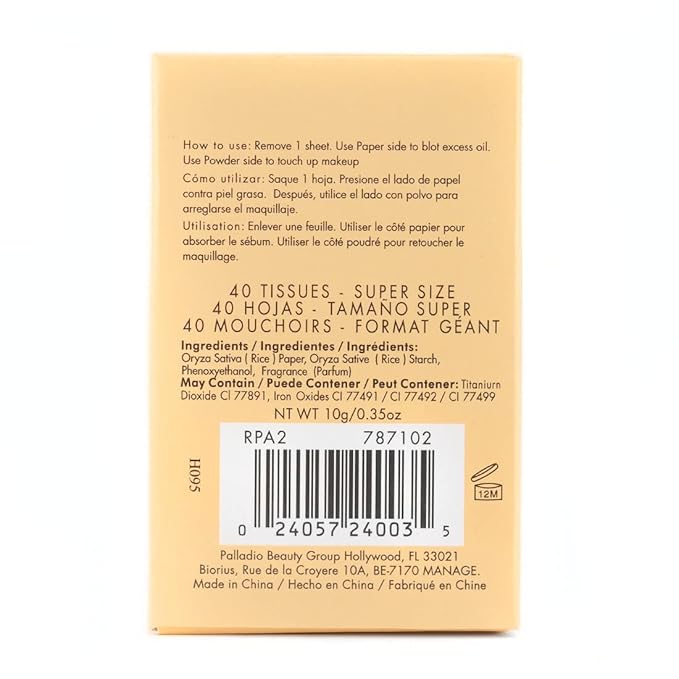 Palladio Rice Paper Facial Tissues for Oily Skin, Face Blotting Sheets Made from Natural Rice, Oil Absorbing Paper with Rice Powder, 2 Sided, Instant Results, Translucent, 40 Count, Pack of 1