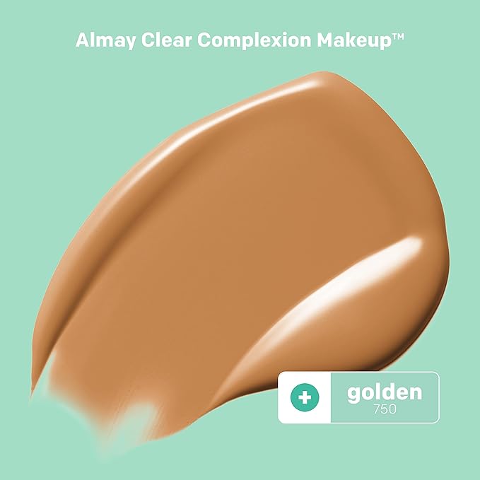 Almay Clear Complexion Acne Foundation Makeup with Salicylic Acid - Lightweight, Medium Coverage, Hypoallergenic, Fragrance-Free, for Sensitive Skin, 750 Golden, 1 fl oz.