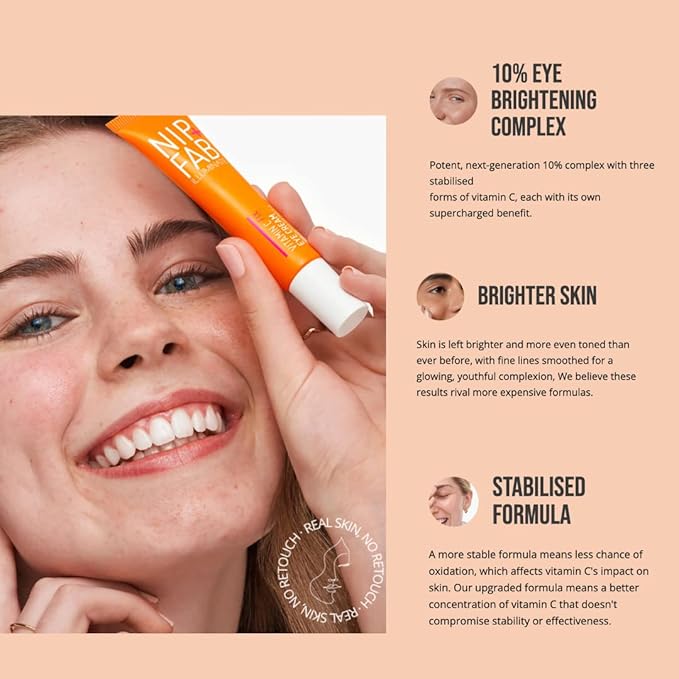 Nip+Fab Vitamin C Fix Eye Cream 10% 0.5 fl oz | with Peptides, Caffeine and Niacinamide for Smoother, Brighter Under Eye Skin | 3 Forms of Vitamin C