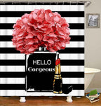 4PCS Hello Gorgeous Shower Curtain Set Watercolor Red Floral Black and White Striped Perfume Lipstick Makeup Vintage Modern Fashion Women Bathroom Decor Non-Slip Bath Mat Toilet Rug, Hydrangea